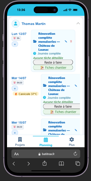 Planning mobile Batitrax sur téléphone